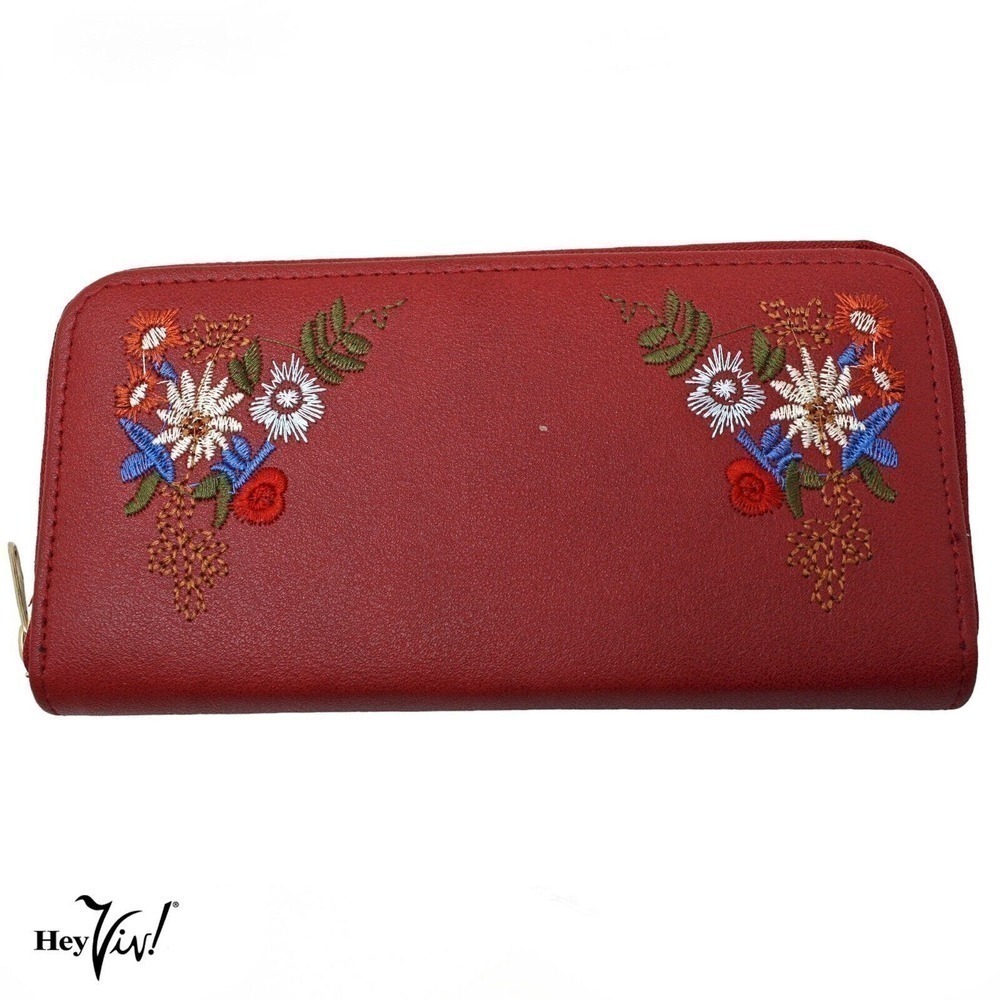 Red Embroidered Flower Zip Wallet Clutch Easy to Hold & Carry 7.5 x4" - Hey Viv